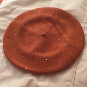 LAULHERE Wool Rust Beret with Pearl Accents